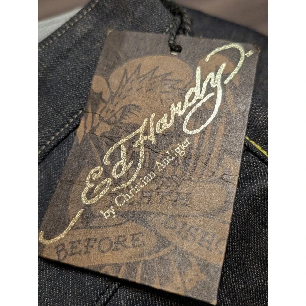 Ed Hardy Mens Gold Foil Logo Wide Leg Denim Jeans Dark Wash‎ 36x34 NWT Lot 2008